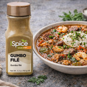 iSpice Gumbo Filé Powder ready-to-cook kitchen scene inspires home cooks.