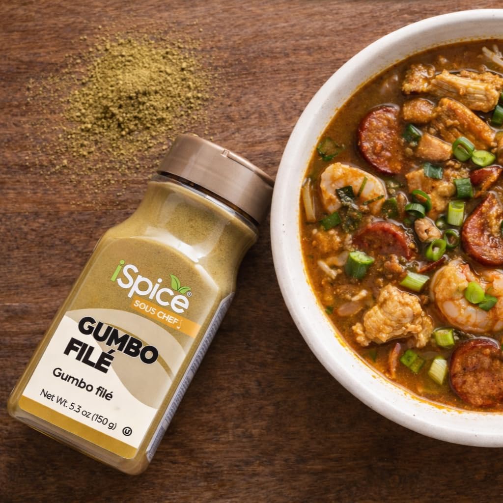 iSpice Gumbo Filé Powder sprinkled over rice for Creole gumbo.