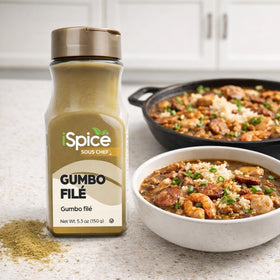 iSpice Gumbo Filé Powder spice jar closeup shows premium product.