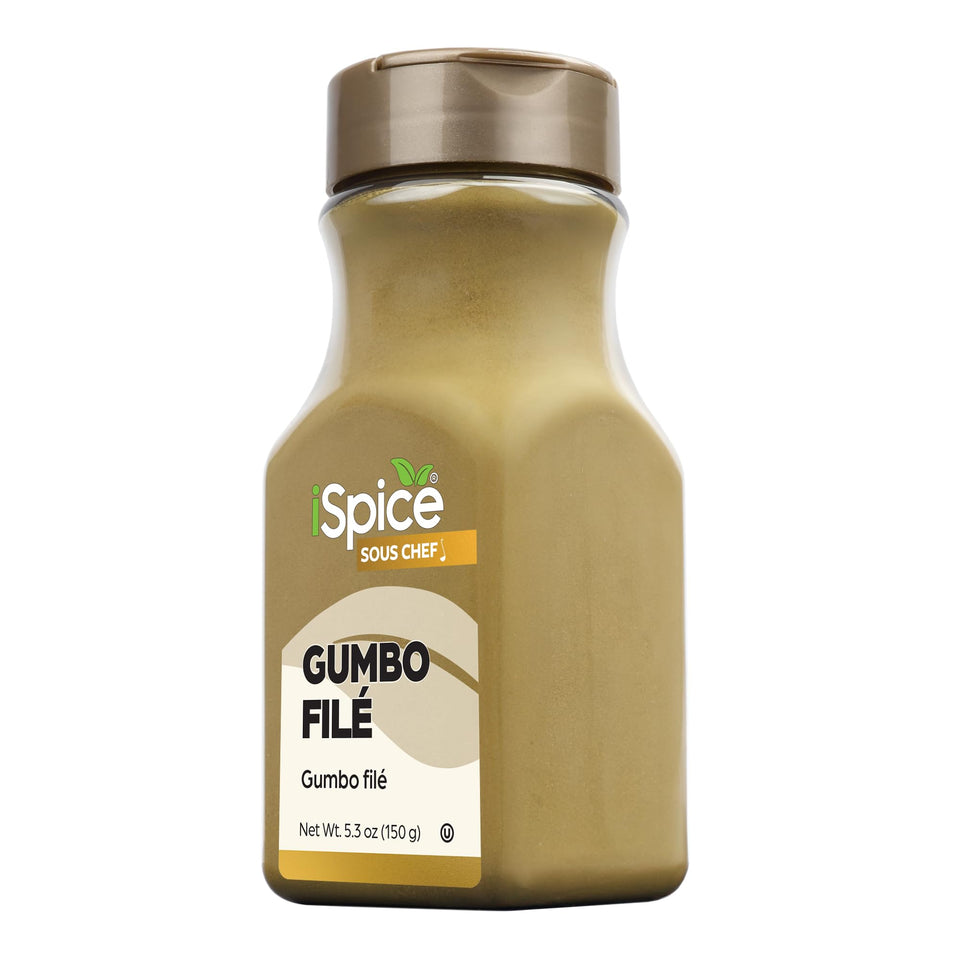 iSpice Gumbo Filé Powder tin label highlights authentic Cajun flavor.
