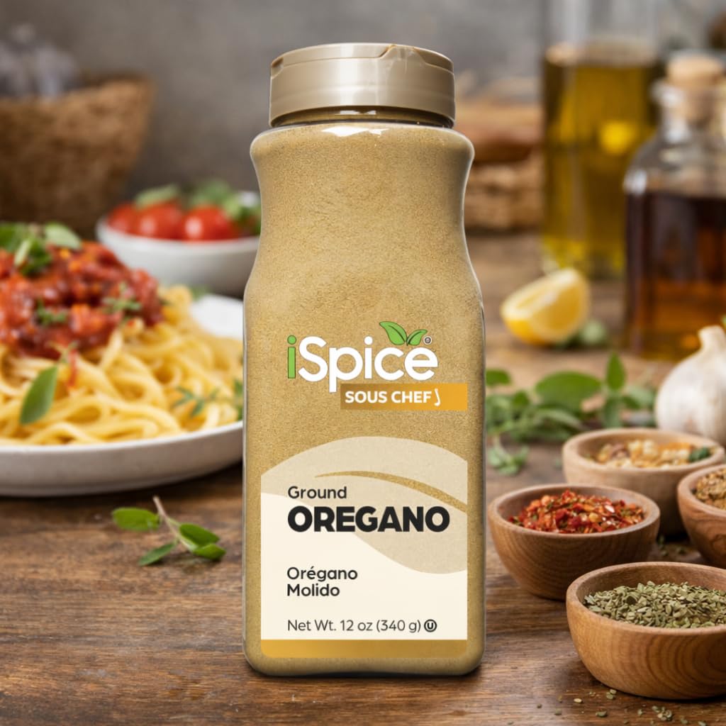 iSpice Oregano Ground closeup powder shows fine texture and vibrant color.