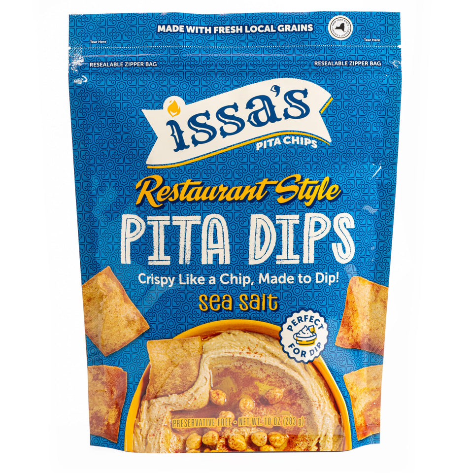 Issas sea salt pita chips closeup, crisp texture ideal for dips and sharing.