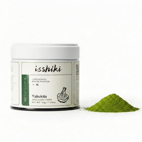 Isshiki Matcha ceremonial-grade Kyoto tin close-up highlighting premium packaging