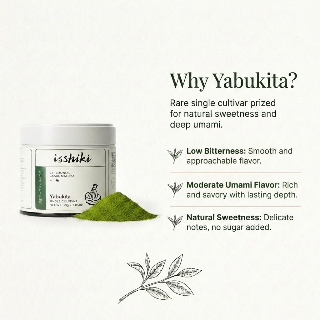 Isshiki Matcha finely-ground tea leaves close-up showing vibrant color and freshness