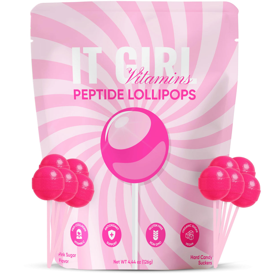 It Girl Vitamins collagen lollipop bottle close-up for glow