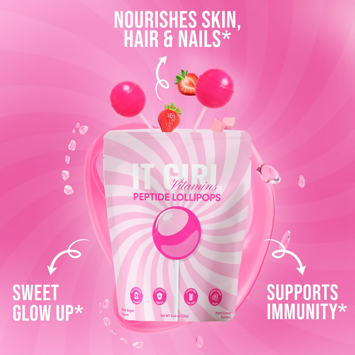 It Girl Vitamins organic pouch packaging lollipop