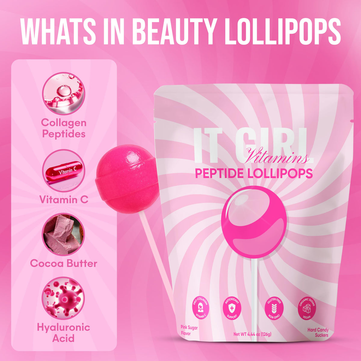 It Girl Vitamins pink lollipop on vanity