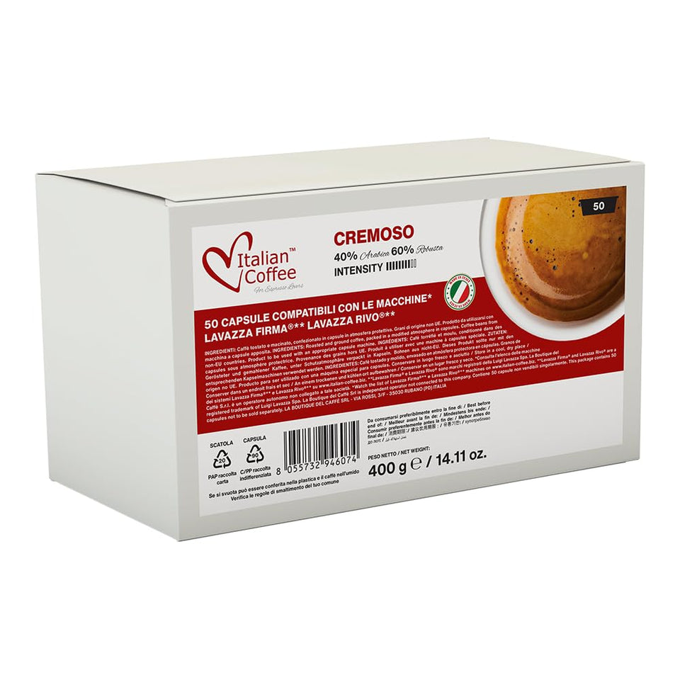 Italian Coffee For Espresso Lovers Cremoso capsules 50-pack shot, premium blend for rich espresso.