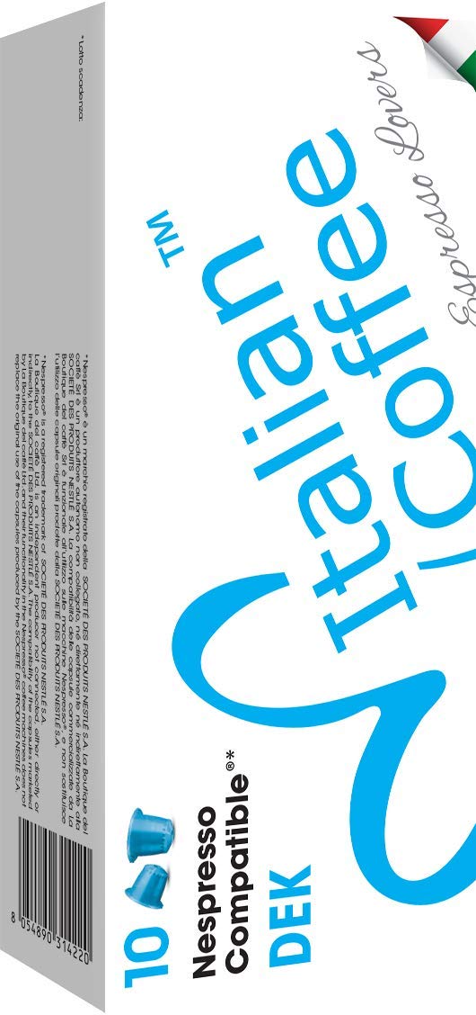 Italian Coffee for Espresso Lovers decaf pods box front, 100-count pack.