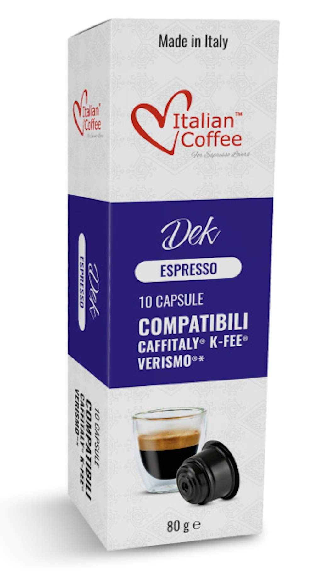 Italian Coffee for Espresso Lovers, DEK decaf 80-pod box close-up, bold flavor without caffeine.