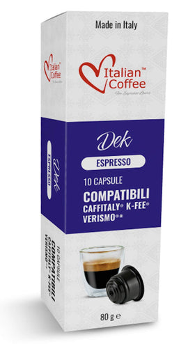 Italian Coffee for Espresso Lovers, DEK decaf 80-pod box close-up, bold flavor without caffeine.