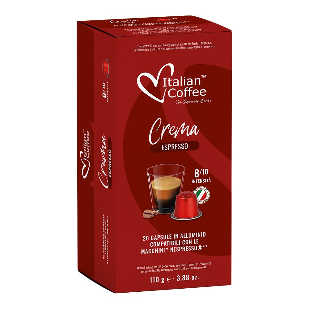 Italian Coffee for Espresso Lovers packaging with 100 aluminum capsules for home use