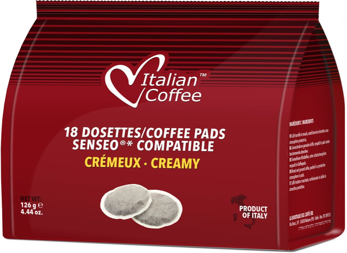 Italian Coffee Pads Senseo Creamy close-up cup for everyday enjoyment.