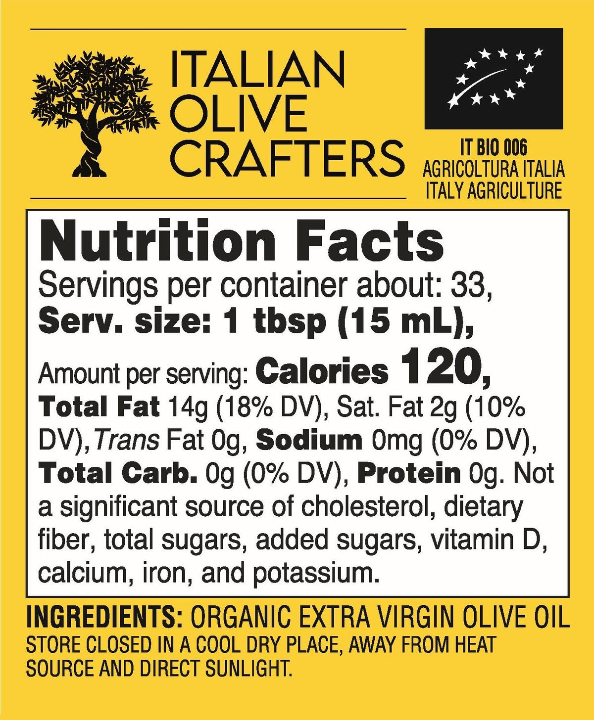 Amber glass protects Italian Olive Crafters EVOO while showcasing its label.