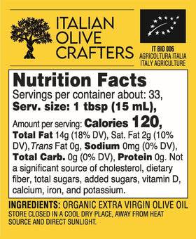 Amber glass protects Italian Olive Crafters EVOO while showcasing its label.