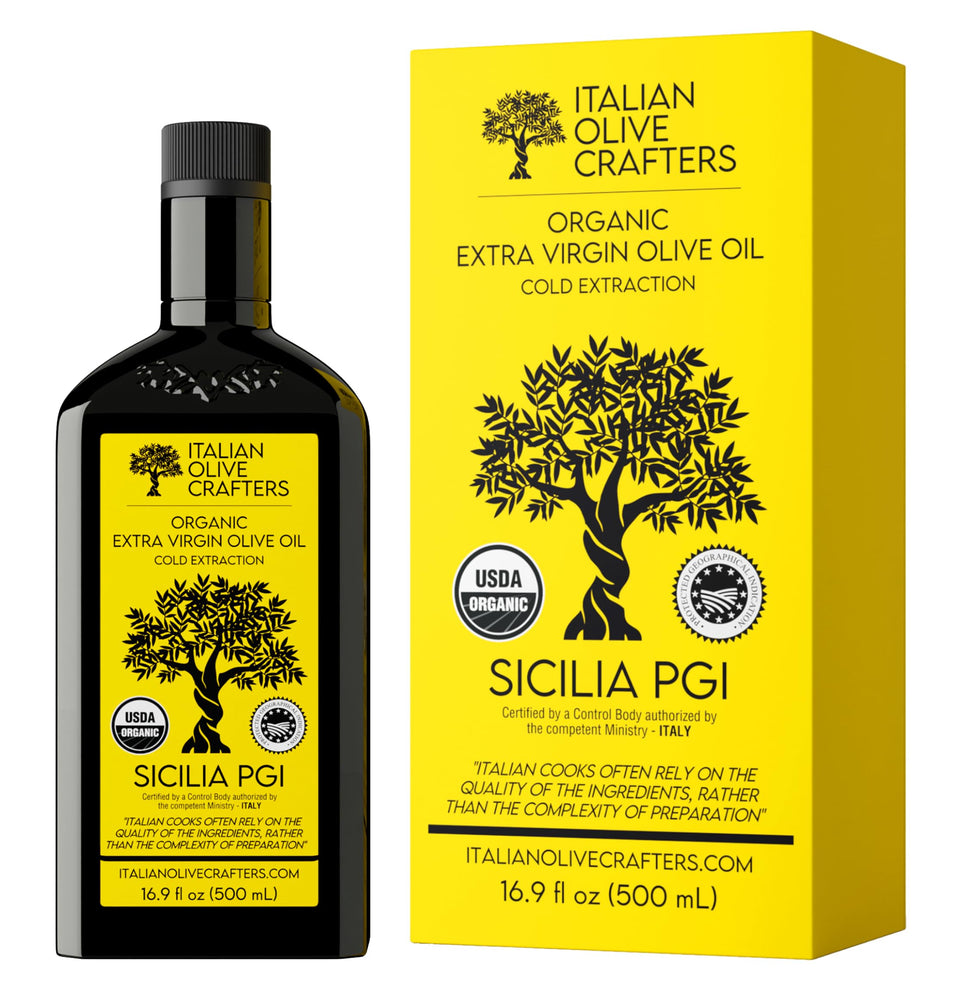 Italian Olive Crafters polyphenol-rich EVOO bottle on a kitchen counter for everyday use.