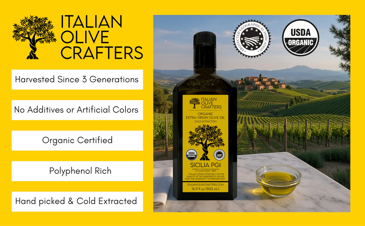 Pouring Italian Olive Crafters EVOO to finish dishes with vibrant flavor.