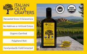 Pouring Italian Olive Crafters EVOO to finish dishes with vibrant flavor.