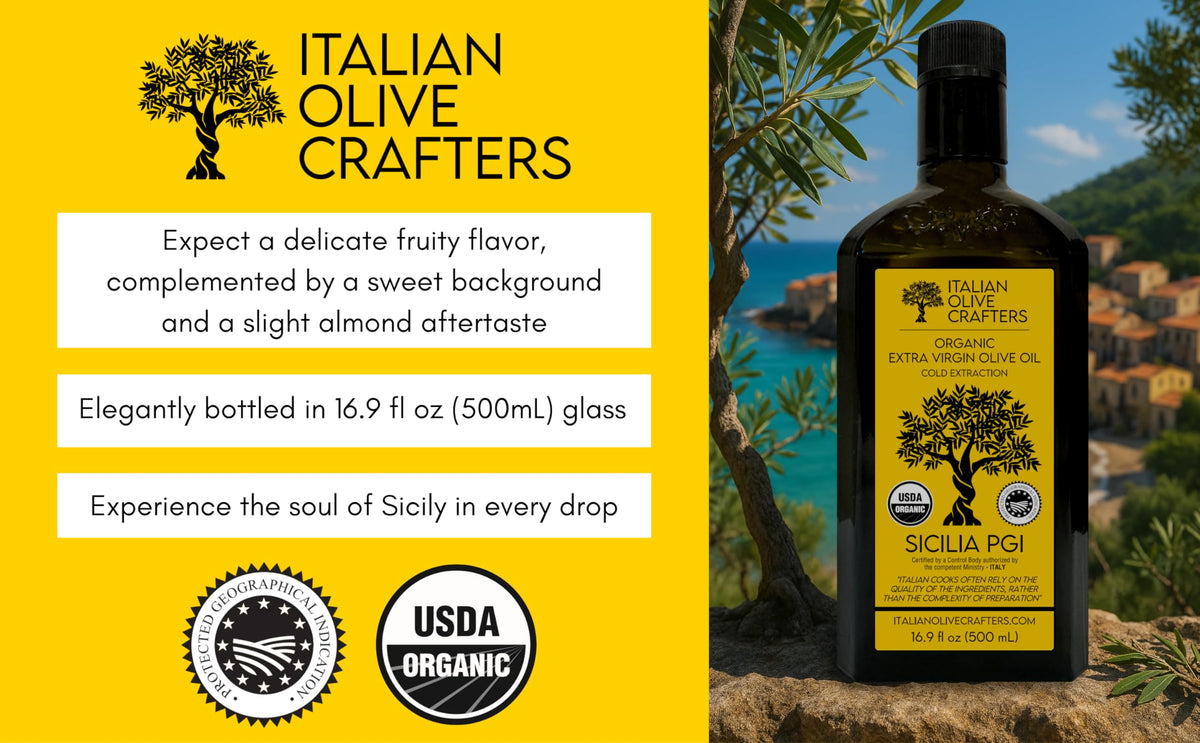 Close-up of premium EVOO's golden hue from Italian Olive Crafters.