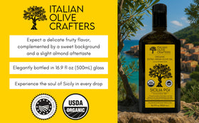 Close-up of premium EVOO's golden hue from Italian Olive Crafters.