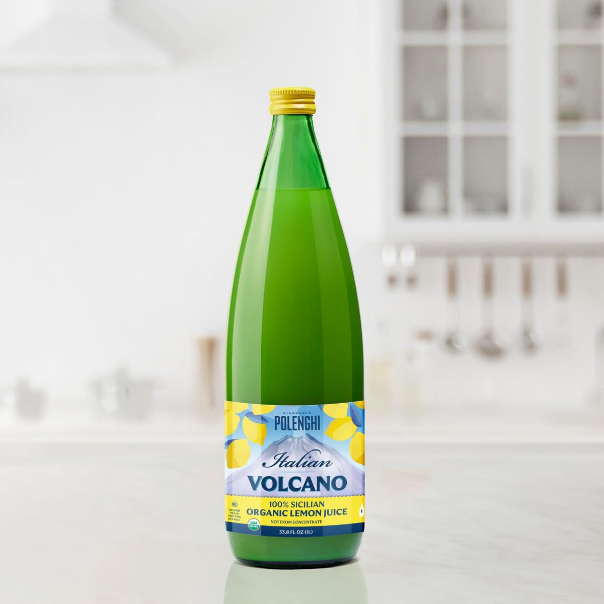 Italian Volcano lemon juice in a glass with ice, refreshing ingredient.