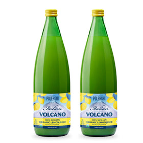 Italian Volcano Organic Lemon Juice bottle 2-pack on kitchen counter, ready for recipes.