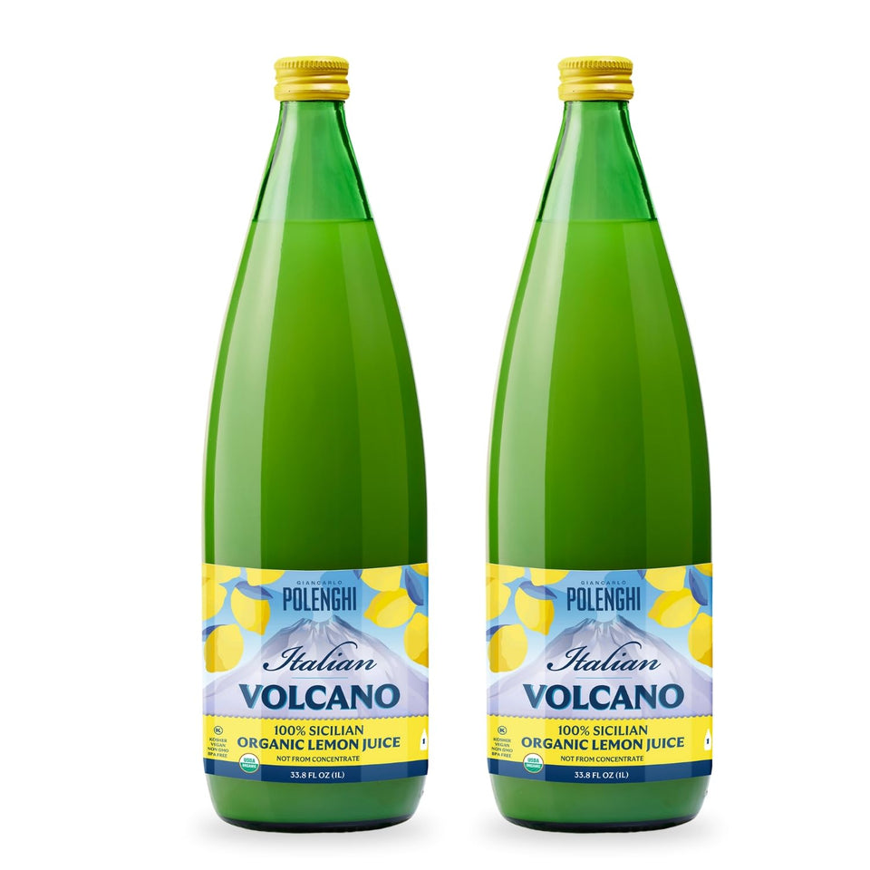 Italian Volcano Organic Lemon Juice bottle 2-pack on kitchen counter, ready for recipes.