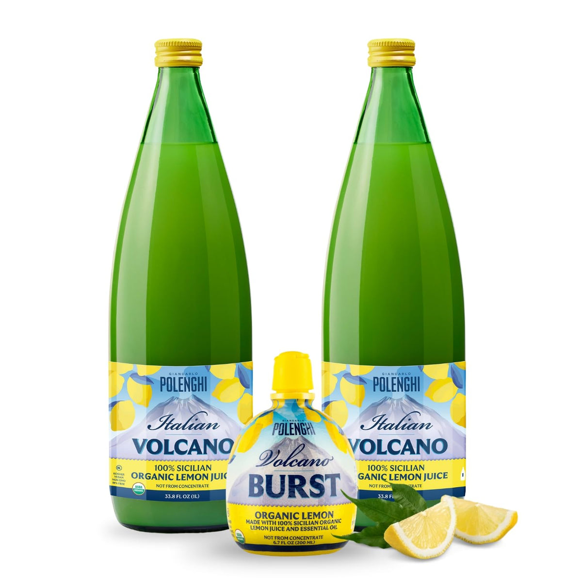 Italian Volcano Organic Lemon Juice bottle front with fresh lemons for bright flavor in recipes