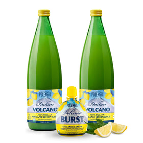 Italian Volcano Organic Lemon Juice bottle front with fresh lemons for bright flavor in recipes