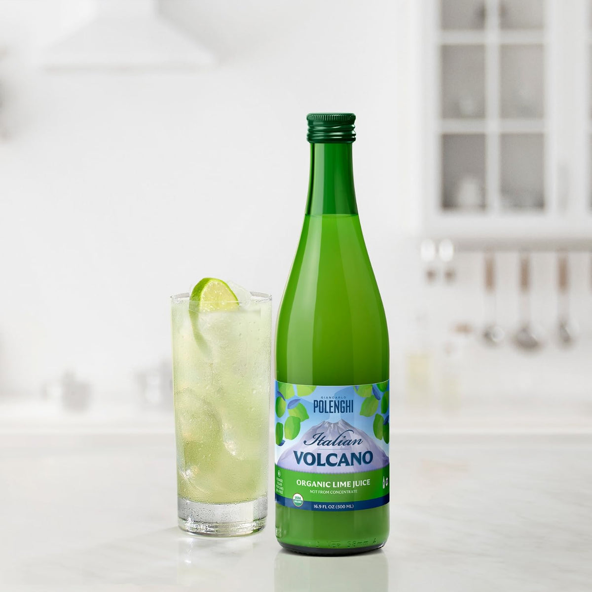 Italian Volcano Polengi lime juice label highlighting organic sourcing.