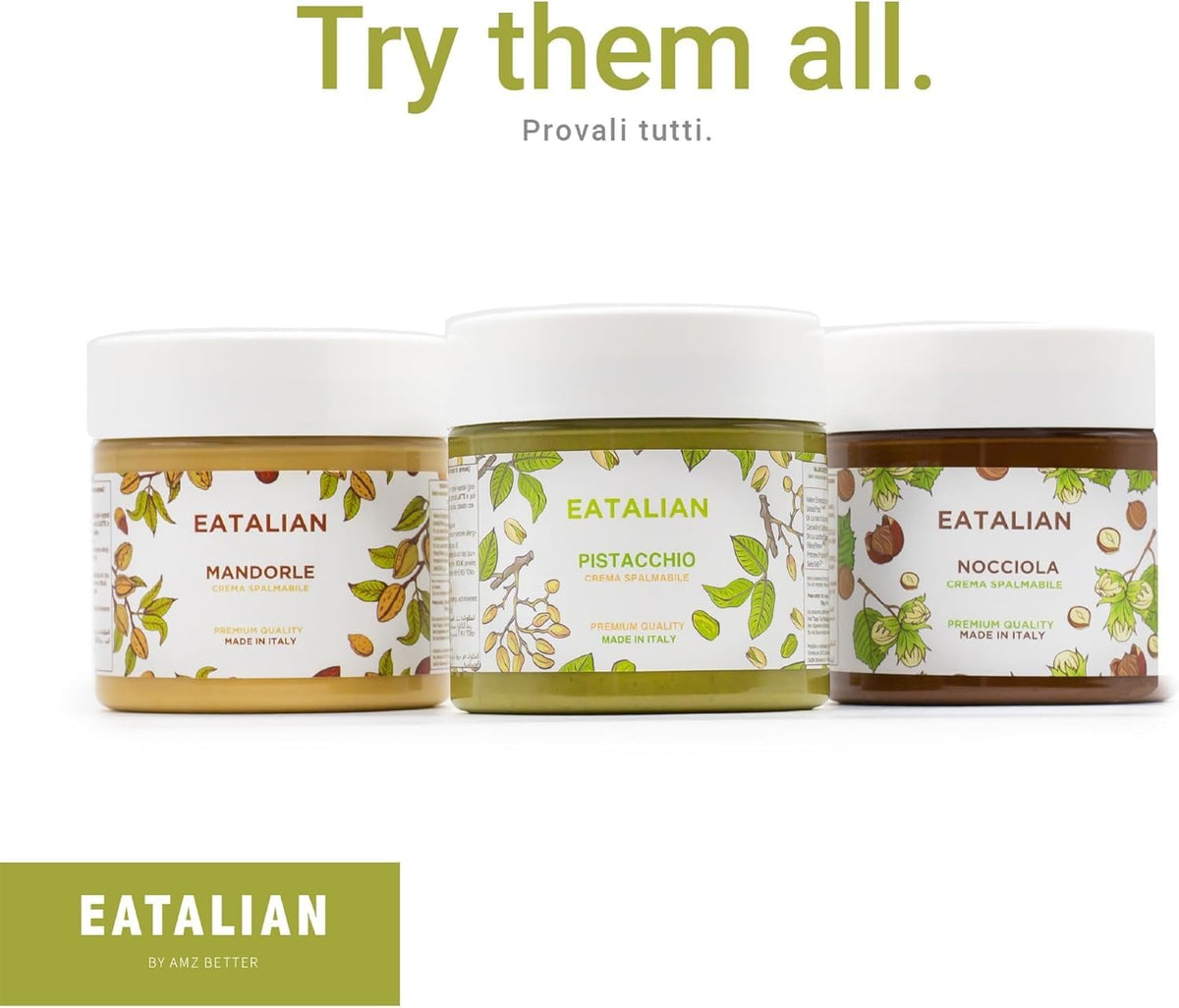 Italy-made Eatalian pistachio cream packaging shows freshness and seal.