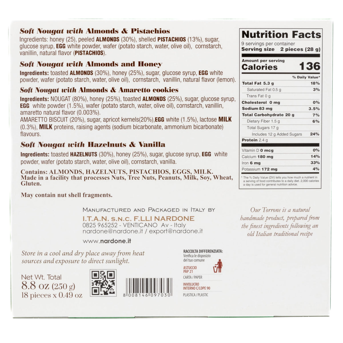 Itan Torrone amaretto cookies almonds piece evokes festive, cookie-kissed crunch.