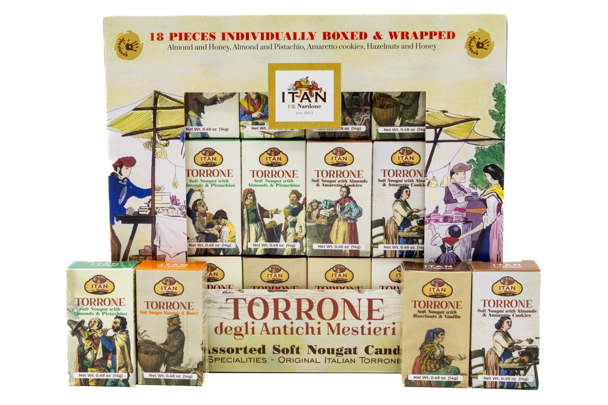Itan Torrone gift packaging with vintage scene enhances display at parties.