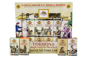 Itan Torrone gift packaging with vintage scene enhances display at parties.