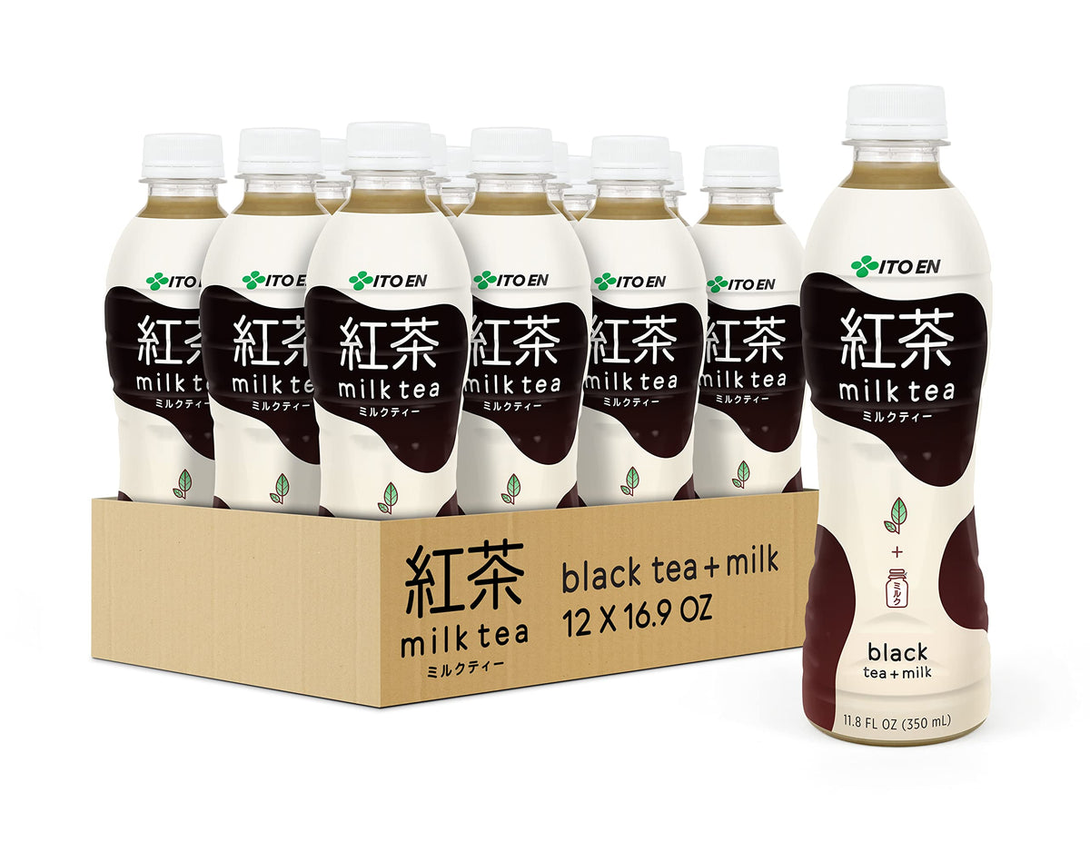 Ito En Black Milk Tea bottle showing bold tea and creamy sweetness for on-the-go refreshment.