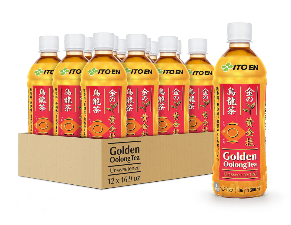 Ito En Golden Oolong Tea bottle being poured for a refreshing unsweetened drink