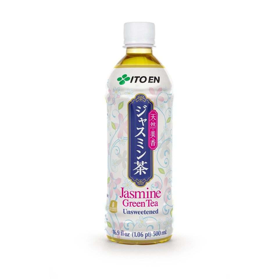 Ito En Jasmine Green Tea Unsweetened bottle pour showcases refreshing aroma and antioxidant-rich caffeine boost.