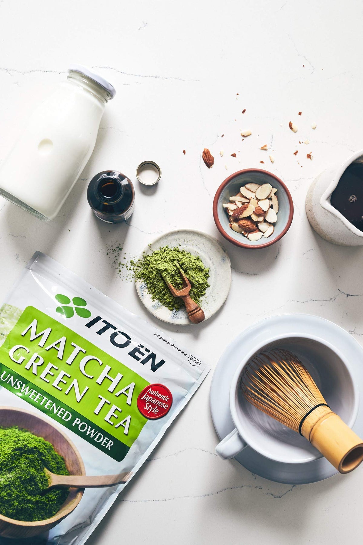 Iced matcha beverage with Ito En powder, refreshing and versatile.