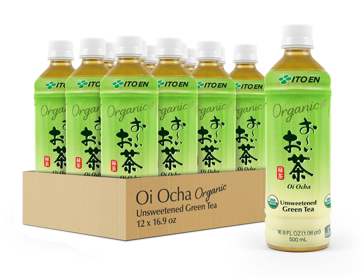 Ito En Oi Ocha unsweetened green tea bottle in a 12-pack, zero calories for on-the-go refreshment.