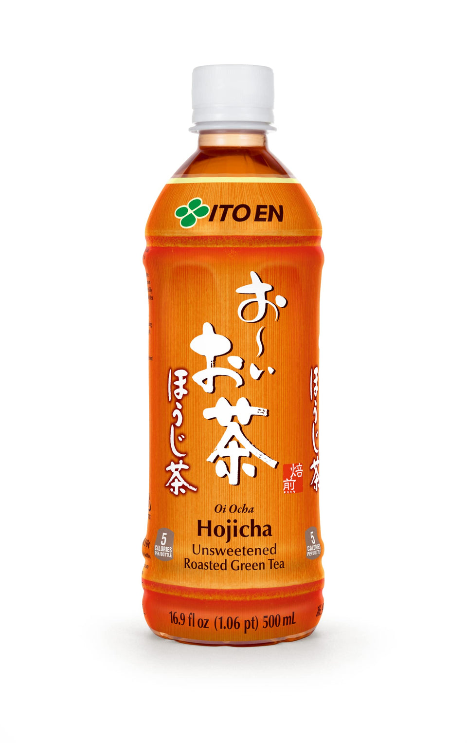 Ito En Oi Ocha unsweetened roasted green tea bottle offers bold toasty flavor and low-calorie refreshment.