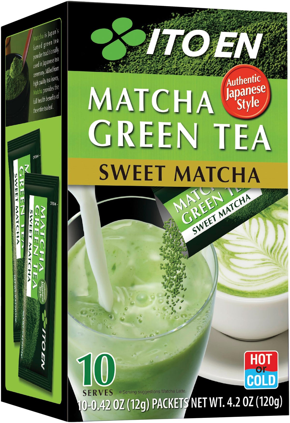 Ito En Sweet Matcha Powder Sticks pack shown for convenient on-the-go latte preparation.