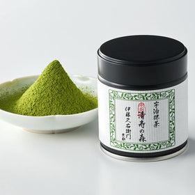 ITOHKYUEMON Kyoto Uji ceremonial matcha powder in a tin, premium aroma and vibrant color.
