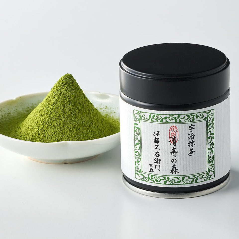 ITOHKYUEMON Kyoto Uji ceremonial matcha powder in a tin, premium aroma and vibrant color.