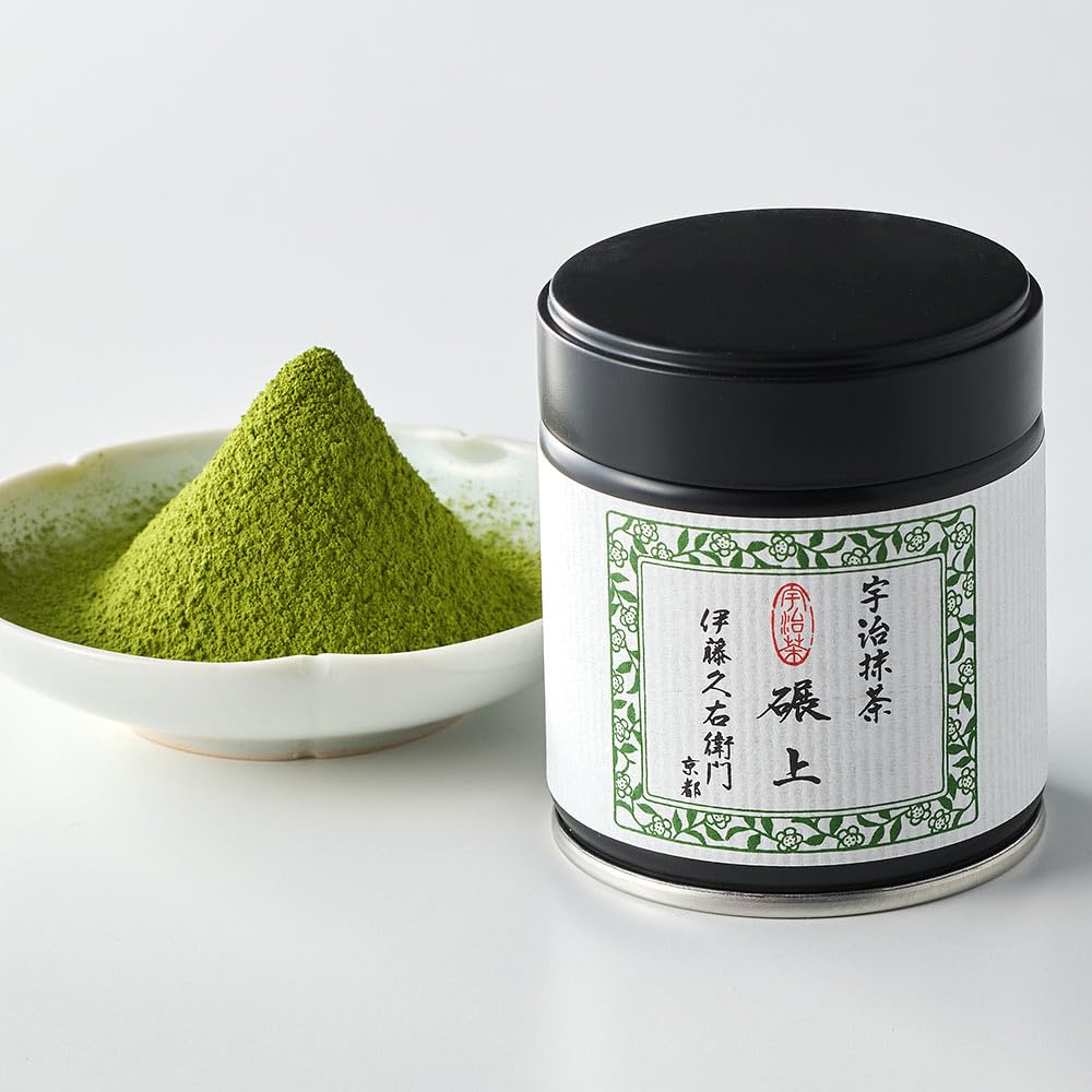 ITOHKYUEMON Kyoto Uji matcha powder in a jar showing ceremonial-grade quality for rituals