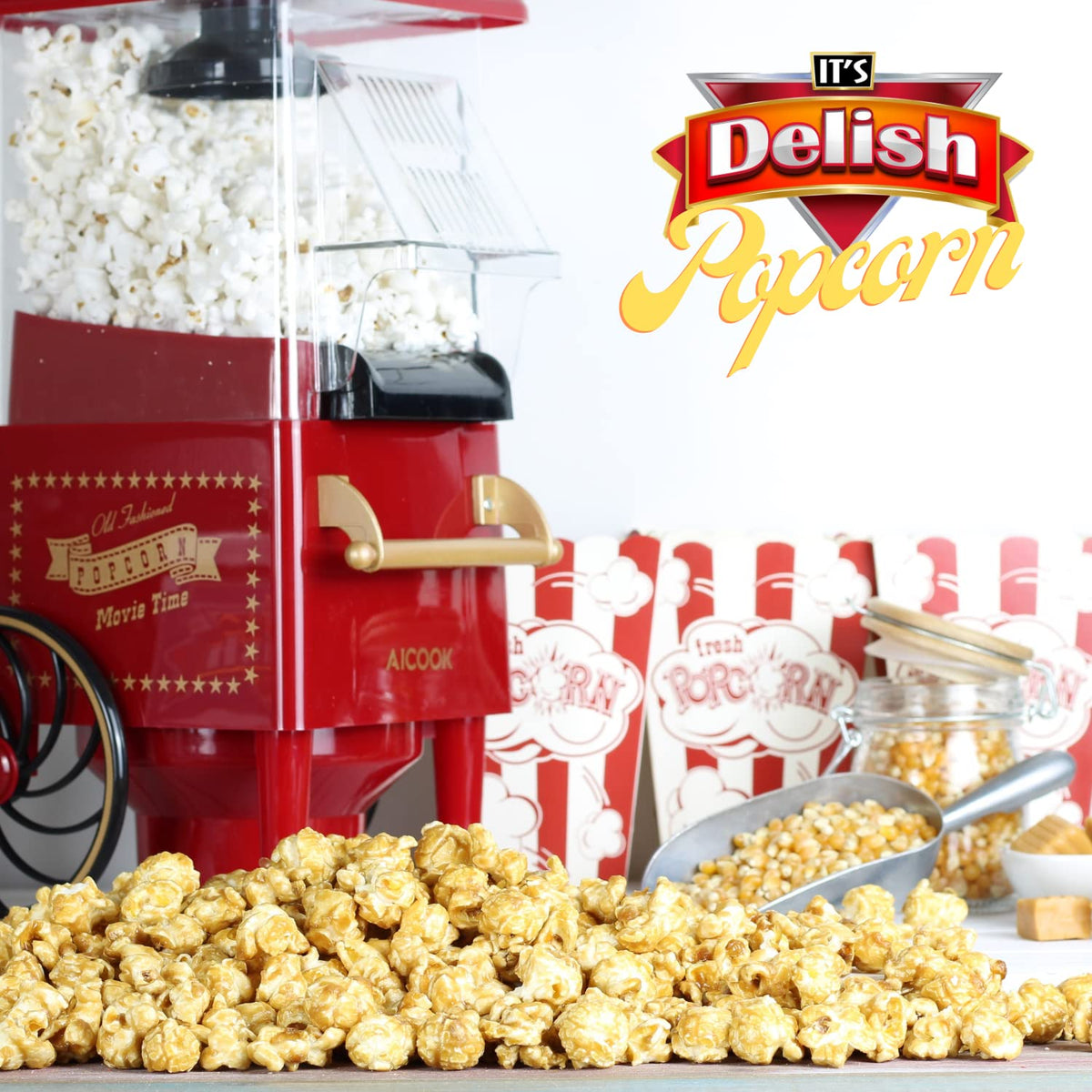 Its Delish 16oz jar close-up highlighting crunchy caramel coating for movie nights.