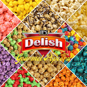 Its Delish air-popped caramel popcorn poured into a bowl showing light texture.