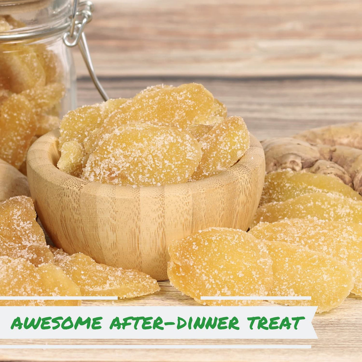 It's Delish candied ginger chunk texture closeup showing peppery-sweet bite