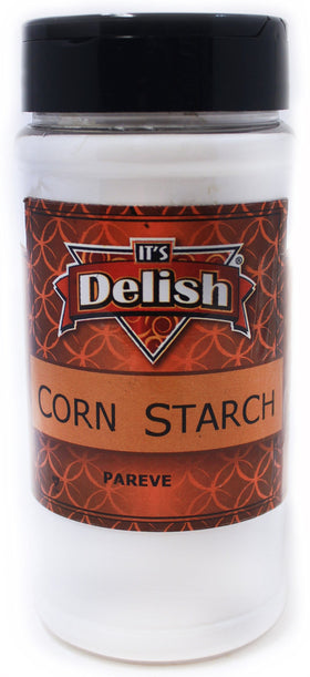 Its Delish corn starch jar front view highlighting 9 oz packaging for cooking and baking.