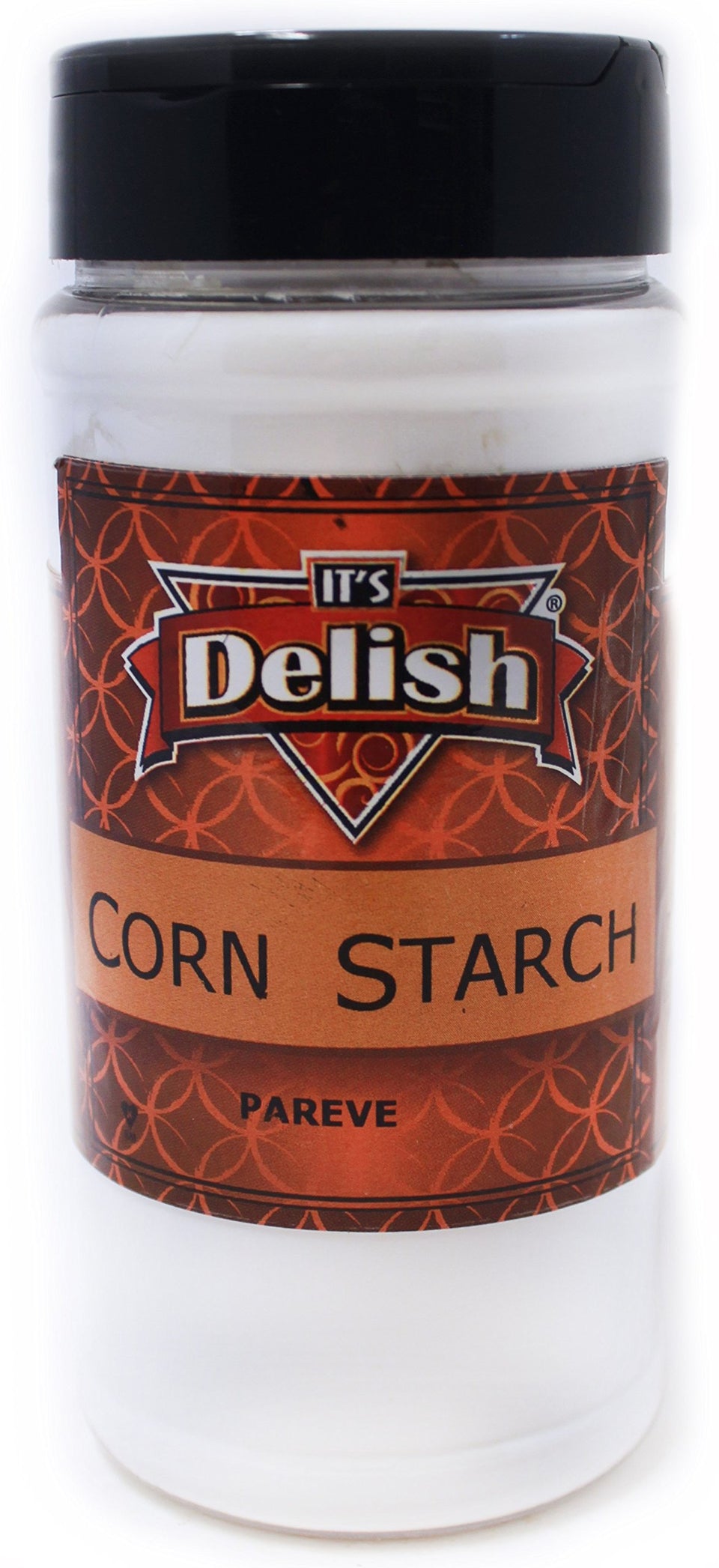 Its Delish corn starch jar front view highlighting 9 oz packaging for cooking and baking.