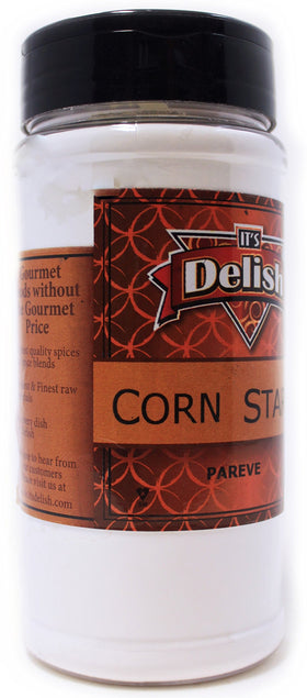 Its Delish corn starch powder close-up shows fine texture ideal for thickening sauces and gravies.